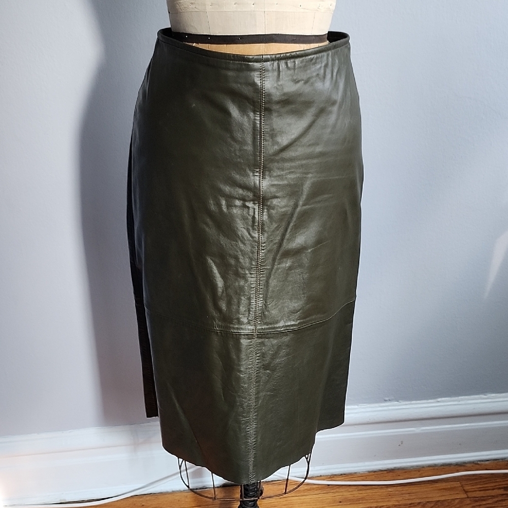 Vtg Y2K Old Navy Olive Genuine Leather Pencil Skirt Olive Gr 4 Lined A Line Rare
